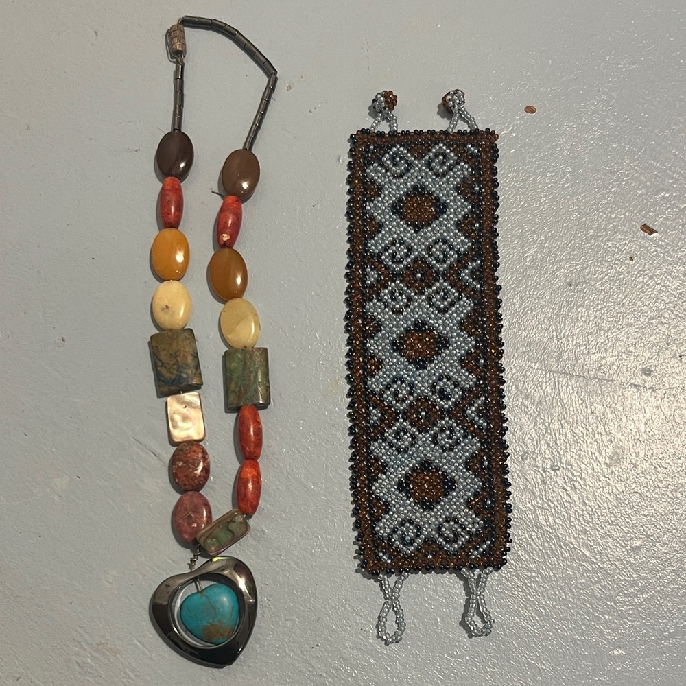 Beaded Necklace and Bracelet Set with Turquoise and Brown Accents